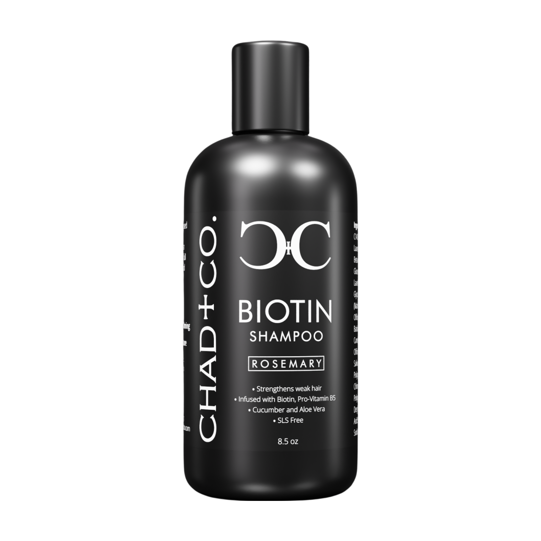 Black shampoo bottle labeled 'Chad + Co' on a white background